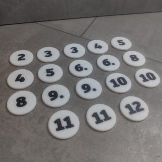 Zahlen-Chips (Durchmesser 33 mm) für Siedler von Catan Erweiterung - passend für 3D Rohstofffelder - einfarbig / zweifarbig
