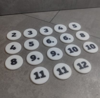 Zahlen-Chips (Durchmesser 33 mm) für Siedler von Catan Erweiterung - passend für 3D Rohstofffelder - einfarbig / zweifarbig