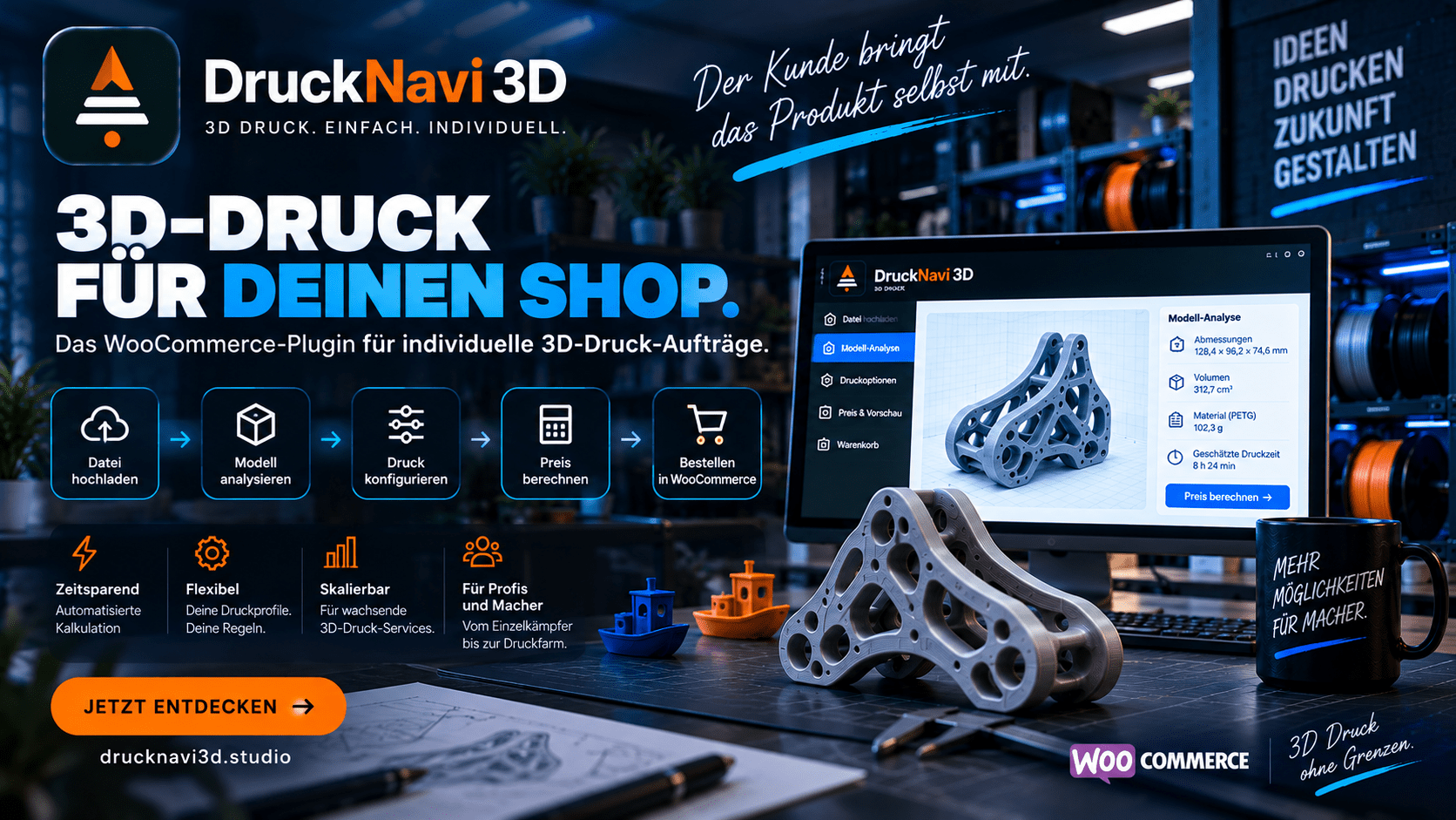 DruckNavi 3D WooCommerce Plugin für automatisierte 3D-Druck-Kalkulation und individuelle Kundenaufträge