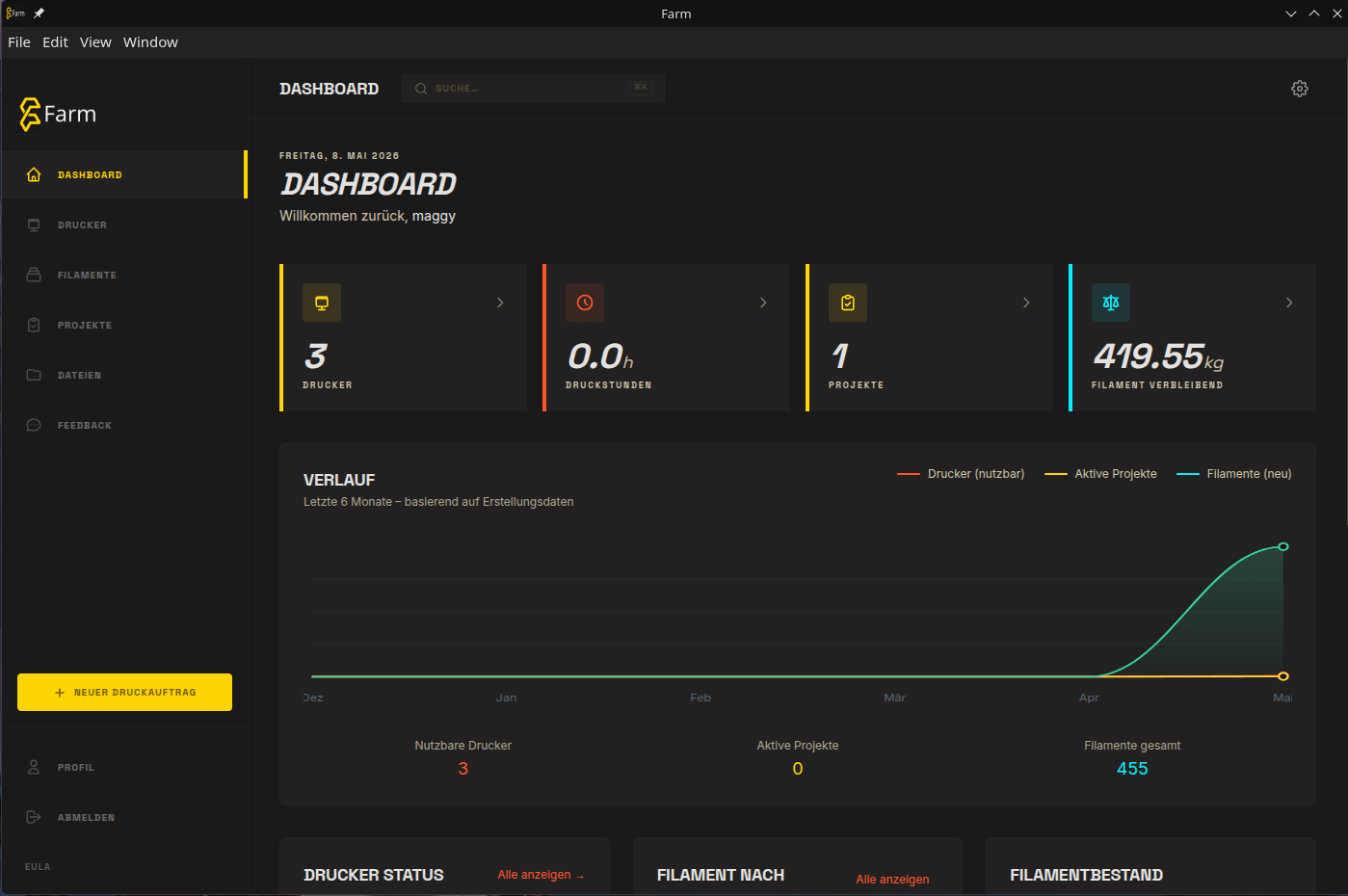 Dashboard der FARM Software für 3D-Druckfarmen